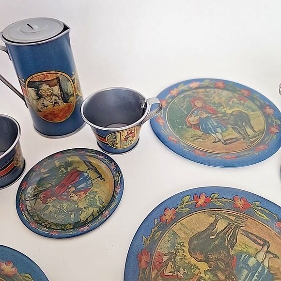Children's Tin Litho Complete Tea Set of 4 Little Red Riding Hood Reproduction - Picture 6 of 11